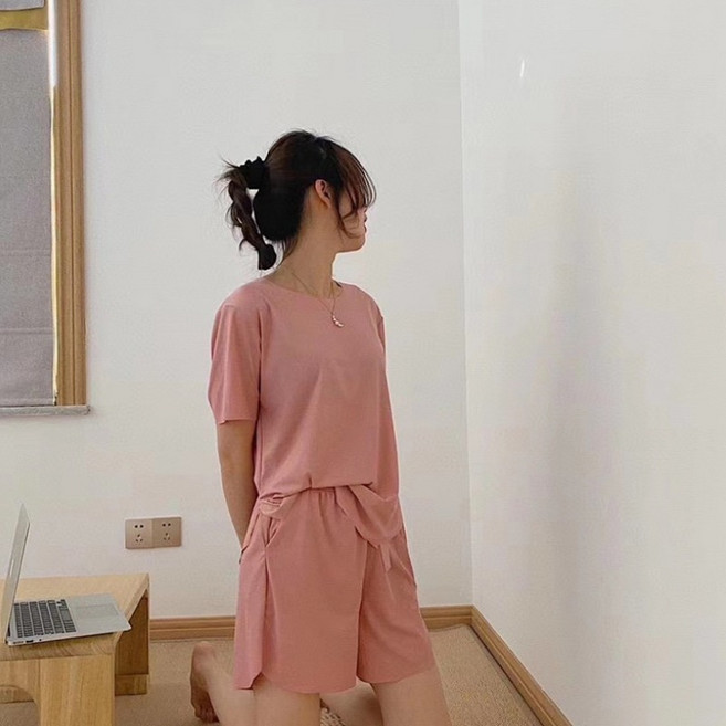 韓版夏季薄軟軟冰絲睡衣套裝 短袖上衣女裝