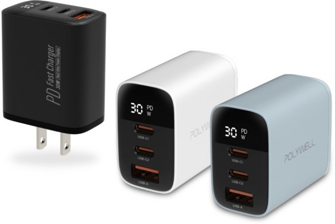 POLYWELL 30W三孔PD快充頭 - 雙USB-C USB-A 數位顯示充電器 BSMI認證, 1個, 白色
