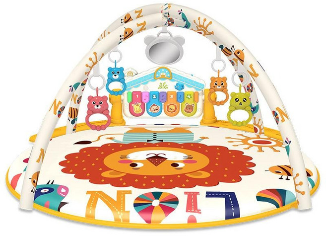 嬰兒健身架圓毯爬行墊 含燈光音樂, 獅子圓形腳踏琴 黃色 塑膠公仔, 1個