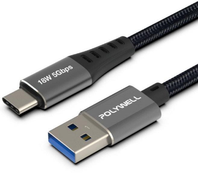 POLYWELL USB3.1 Type-C 轉 Type-A 3A 充電傳輸線 18W, 1個, 3m