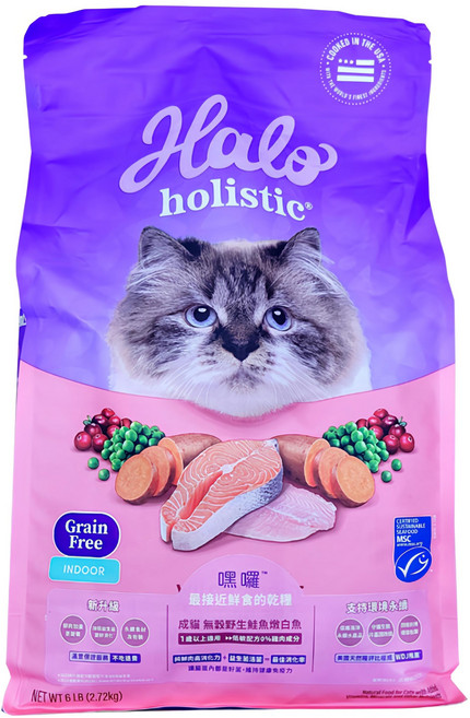 Halo 嘿囉 成貓用 無穀乾糧, 2.72kg, 1袋, 野生鮭魚燉白魚
