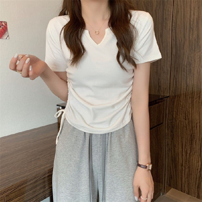 Ladyshare 韓版V領抽繩修身短袖上衣 素T