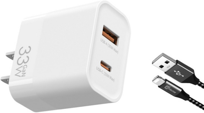 AiHome USB A Type C, 1套, 33W GaN 氮化鎵 雙孔快充組 充電頭+充電線 A TO L 編織線 適用蘋果iPhone 安卓 豆腐頭 充電器 白色
