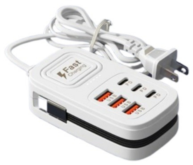 多孔快充 桌面充電神器|多設備充電|多孔USB插座|高速快充延長線|USB集線器|居家/辦公必備充電線 1米, 3PD+3USB原廠盒裝 白色, 1個