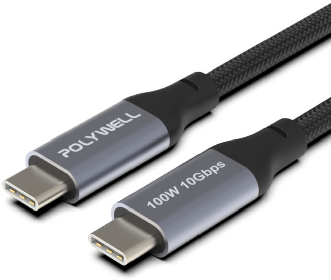 POLYWELL USB 3.1 Gen2 Type-C 高速傳輸充電線 100W, 1個, 2m, 黑色