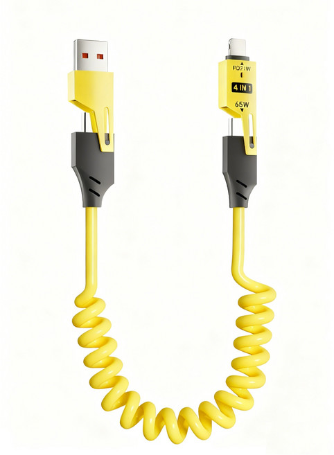 4合1彈簧傳輸線 65W USB-A Type-C Lightning, 黃色, 1個, 100cm