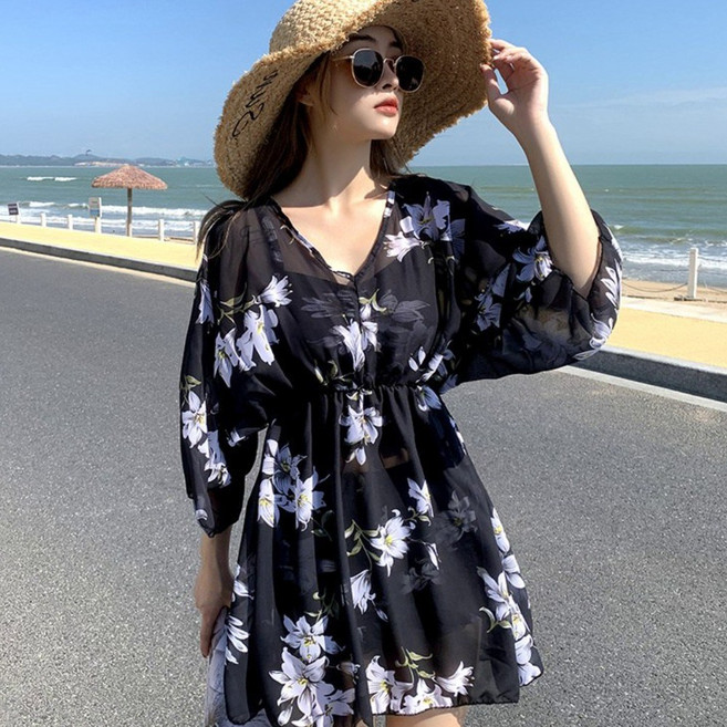 QRU 大碼微胖mm女孩泳衣女款泡溫泉遮肚顯瘦保守高級感分體三件套泳裝, XXL