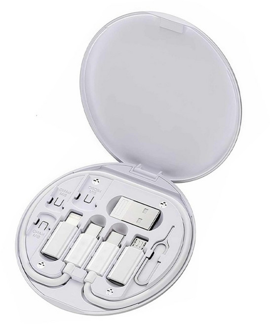 多功能收納盒 數據線三合一 60W 快充手機充電線 短線 盒裝 轉接頭 便攜五合一 萬能取卡針收納盒typec口旅行套裝, 白, 1個