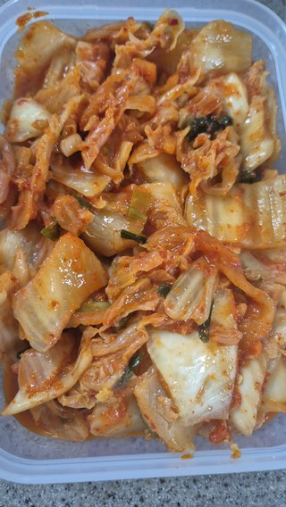 김치 봉투 내부의 양념과 배추 상태 확인 사진
