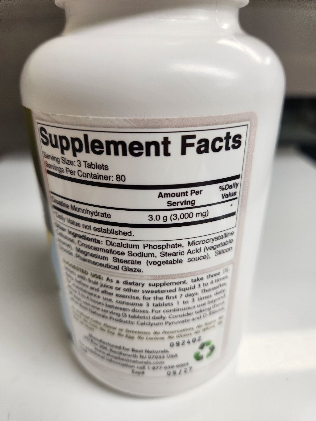 베스트네츄럴스 크레아틴 모노하이드레이트 1000mg 글루텐 프리 무설탕 타블렛 이미지 4