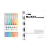 粉彩紫, 粉彩藍, 粉彩綠, 粉彩橘, 粉彩粉, 粉彩黃(螢光筆), 白色(筆記本) × 1套