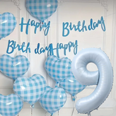 블루 체크 하트 8p +가랜드 + 하늘색 숫자 풍선 9 × 1세트