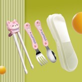 粉貓貓【虎口學習筷+304叉勺+收納盒】 × 1個