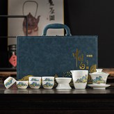 羊脂玉千裏江山/蓋碗+公杯+茶漏組+6圓口杯/中國白藍皮箱:如圖 × 1個