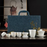 羊脂玉全白/蓋碗+公杯+茶漏組+6圓口杯/中國白藍皮箱:如圖 × 1個