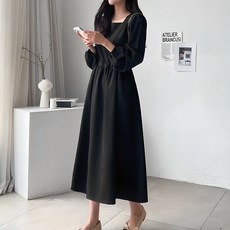 Pippin 女款方領無皺抽繩連身裙 38591, 黑色