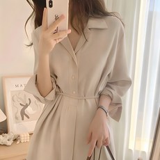 PEONIST 腰帶翻領A字長版洋裝, 象牙白