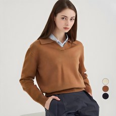 afinar 女款舒適柔軟素色翻領針織毛衣