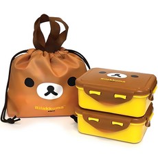 리락쿠마 사각 밀폐 2단 도시락 세트, 얼굴, 용기(2P) + 주머니가방, 1세트