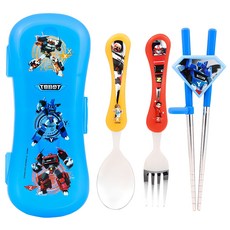 LILFANT Tobot Extreme兒童不鏽鋼餐具組, 湯匙+叉子+矯正筷子+收納盒, 混色, 1組