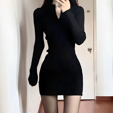Goodif 西裝領半拉鍊迷你長袖連身裙 含大尺碼, 黑色