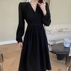Elsso V領復古長袖連身裙, 黑色