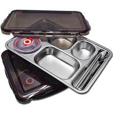 원리빙 304 스테인레스 밀폐 1단 식판도시락, 검정 + 실버, 1세트