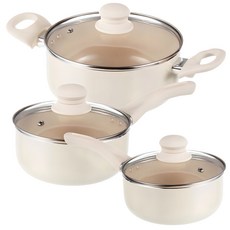 Tamsaa IH爐適用附蓋陶瓷塗層鍋具3件組, 乳白色, 單柄鍋 16cm+單柄鍋 18cm+雙耳鍋 20cm, 1組