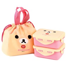 Rilakkuma 扣式便當盒 2入+束口便當袋組, 象牙白 牛奶熊款, 1組