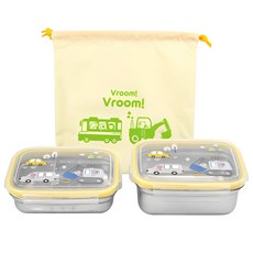 kitchen U 兒童用 噗噗 不鏽鋼方形便當盒 2件組 + 提袋組, 1套, 混合顏色