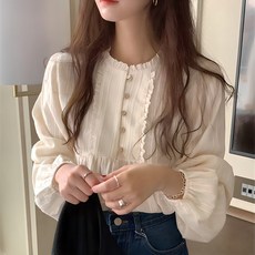 PEONIST 蕾絲百褶泡泡袖罩衫