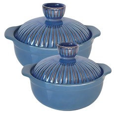 雙耳耐熱陶瓷砂鍋+藍色線條鍋蓋 A款 2入, 1號(15.3*11.4cm)+2號(17*12.3cm), 1組