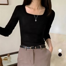 afinar 女性方領修身羅紋長袖T恤