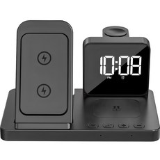 유엠투 애플워치 & 갤럭시워치 4in1 고속 무선 충전기 탁상 알람시계, 블랙, 1개