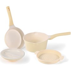 LSK 鋁鑄多功能鍋具4件組 IH爐適用, 黃色, 單柄鍋 18cm+平底鍋 18cm+兩用鍋蓋碗 18cm+矽膠蒸盤 18cm, 1組