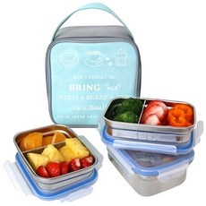 3層不鏽鋼密封保鮮盒組 430ml+分格式保鮮盒 290ml 2入+便當袋, 藍色, 1組