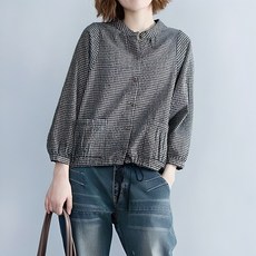 IMMONG 秋季可愛風女款圓領格紋短版長袖襯衫