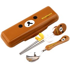 RILAKKUMA拉拉熊 兒童餐具套裝, 棕色(拉拉熊款), 1組, 湯匙+學習筷+餐具盒