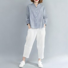 IMMONG 女款碎條紋亨利領長袖襯衫