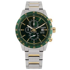 CITIZEN 經典三眼計時碼錶 日期 防水100米 不鏽鋼手錶 綠x鍍金 AN3689-55X 44mm
