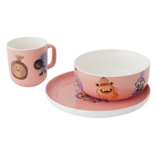 BergHOFF 嬰兒怪獸印花餐具3件組, 馬克杯10.2*8.3cm+碗14.0*5.7cm+盤子19.7*19.1cm, 粉色