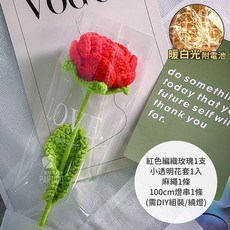 氣球派對多 編織向日葵花束 畢業花束 母親節禮物 康乃馨 針織玫瑰花 永生花, 紅色編織玫瑰+套+麻繩+1米燈（自行包裝