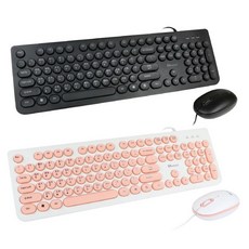 Ninfotec 復古圓鍵USB有線鍵盤滑鼠組 電腦鍵盤滑鼠套裝 復古鍵盤 圓形鍵帽, 黑色/粉白, KM-102, General type (Full-size)