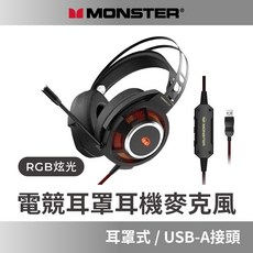 Monster RGB炫彩電競耳罩耳機麥克風, 武士黑, MH72001