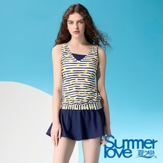 夏之戀SUMMERLOVE 亮麗條紋長版二件式泳衣 褲連裙設計 遮肉顯瘦 女款泳裝, M-02