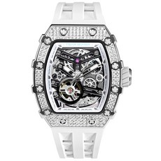 TSAR BOMBA 機械公爵 元素系列 自動上鍊 銀色鋯石水晶錶圈 白色氟橡膠錶帶 機械錶 (TB8208D-05)