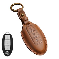 Hallmo 日產 鑰匙皮套 KICKS TIIDA X-Trail LIVINA SENTRA 專用 2D 單色 快速安裝 皮革鑰匙保護套, A款2鍵-棕色