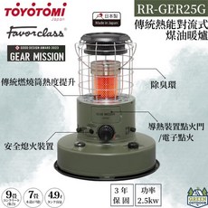TOYOTOMI 煤油暖爐 RR-GER25G 橄欖綠 傳統熱對流式 日本製 適用約6坪 電子式點火