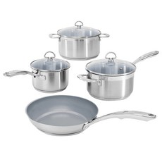 chantal 單柄+雙耳不鏽鋼陶瓷塗層不沾平底鍋+含蓋湯鍋 4入組, 湯鍋 3入+平底鍋 1入, 銀色