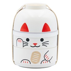 HAKOYA 日本職人招財貓手工造型雙層餐盒 10*10*13cm 招財小白貓, 1個, 白色